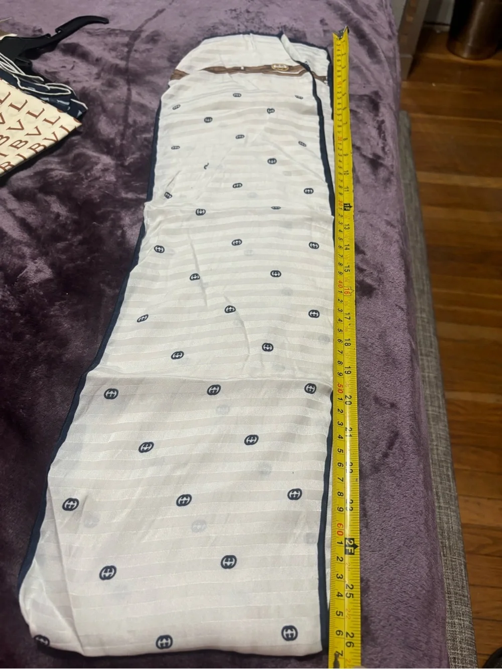 Gucci Ivory Scarf with Brown Belt Print and Navy Trim